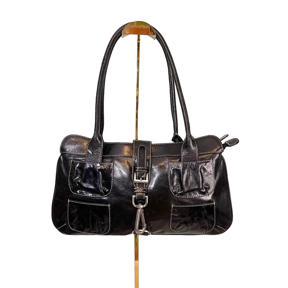 HYPE Women's Black Leather Two Compartments Buckled Satchel Shoulder Bag